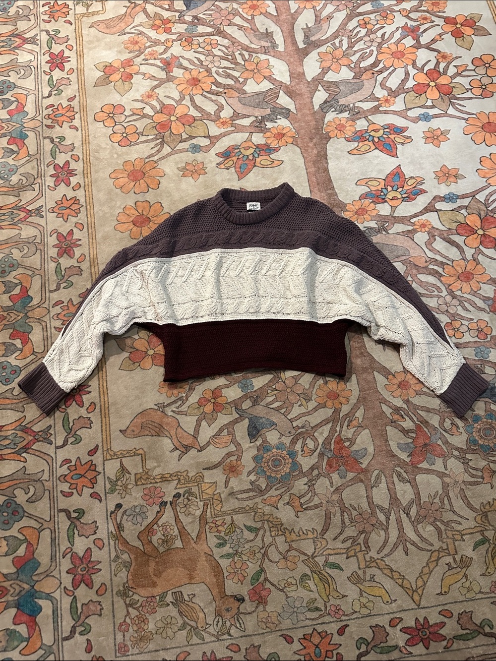 Cropped Colorblock Cable Knit Sweater - Purple, Cream & Brown